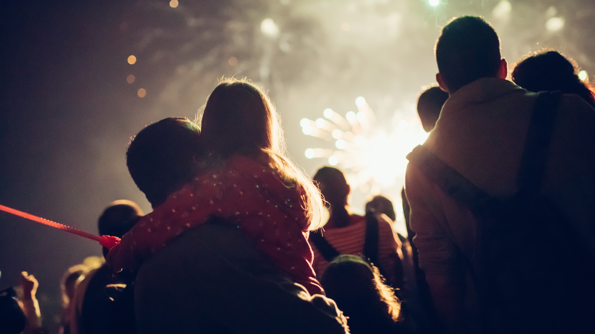a group of people watching fireworks with their backs to the camera