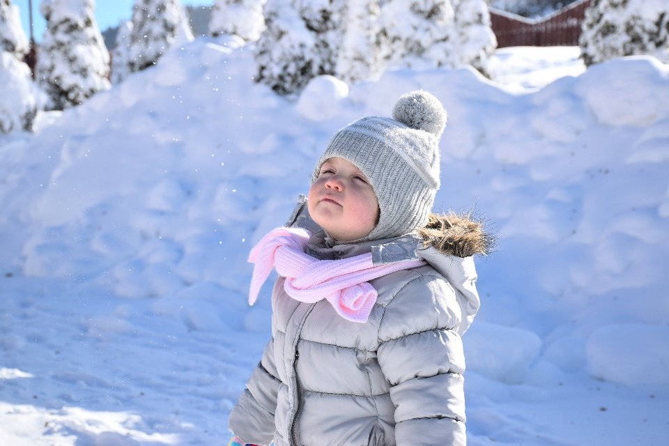 a little girl in a snowsuit, hat, and scarf stares into the sky as she stands in snowy grass