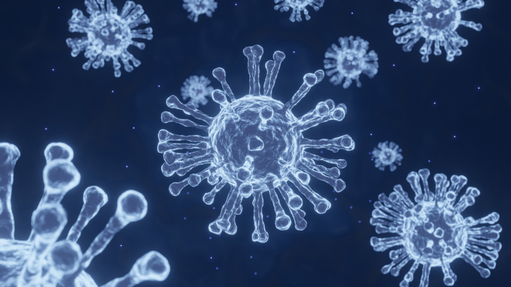 Blue coronavirus cells on a dark blue background