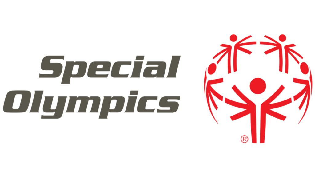 Special olympics logo; gray block text next to a circle of red stick figures