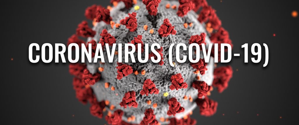 gray and red coronavirus cell with the words "Coronavirus (COVID-19)" in white block font