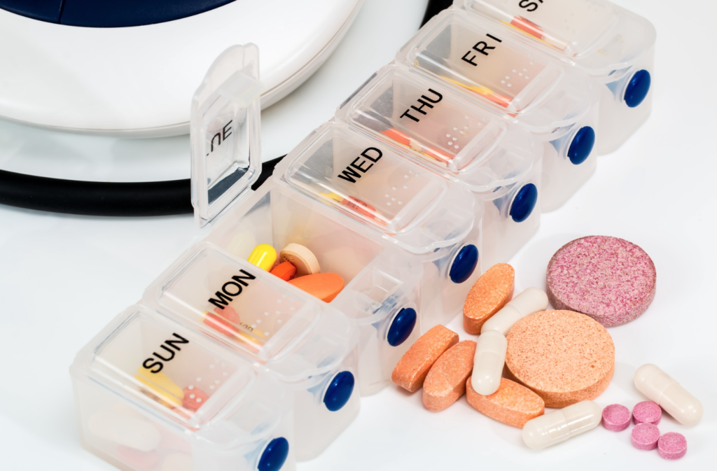 a pill sorter with multicolor pills