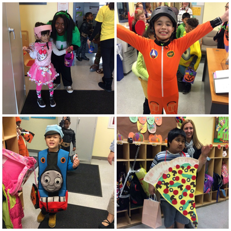 four children wearing their halloween costumes, a little girl as Hello Kitty, a little boy as Thomas the Tank Engine, a little girl as a space pilot, and a boy as a piece of pizza