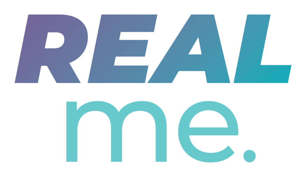 sticker that reads "REAL me." in purple and blue letters