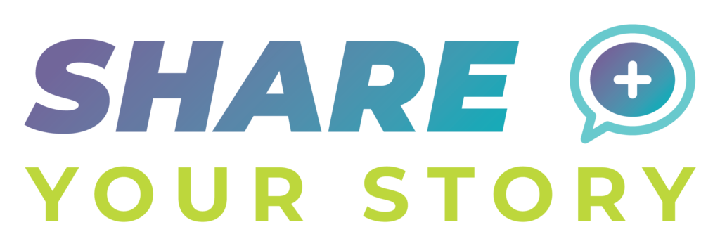 a sticker that reads "SHARE YOUR STORY" in purple, blue, and green letters