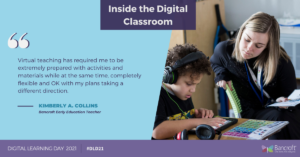 Purple and blue graphic with a quote from Kimberly A. Collins on the right and a picture of a woman teaching a student on the right