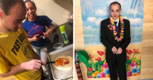 Two photos of Scott. On the left, he is cooking pizza with a paraprofessional. On the right he is standing in front of a beach background wearing a suit and a lei