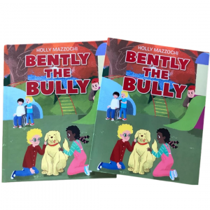 Bently the Bully book cover; a picture with children on a playground with a boy with red hair watching and smiling meanly