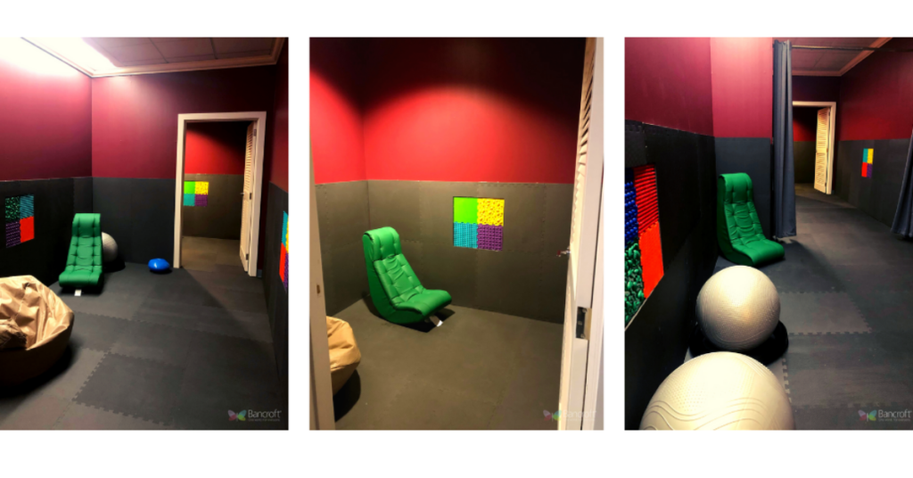 Three pictures of the sensory room. A red and gray wall with a cushioned green chair and gray circular stools