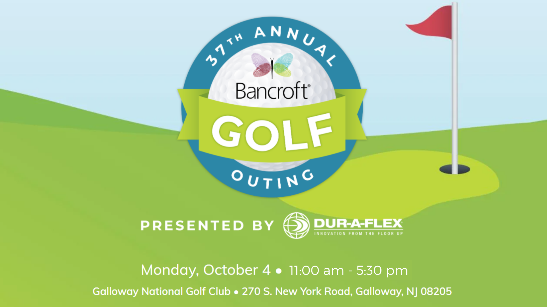 Bancroft's 37th Annual Golf Outing logo on a golf course with the event information in white text