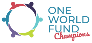 One World Fund Champions logo; pink, purple, blue and green circle with blue and pink "One World Fund Champions" text next to it