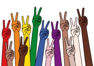 human hands with peace sign in rainbow colors illustration