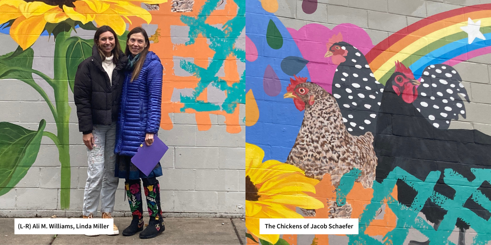 Artist Ali Williams and Bancroft's Linda Miller; close-up of the chickens at Jacob Schaefer Center for adults with autism and intellectual disabilities
