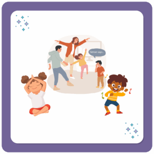 Family doing Simon Says, young girl in yoga pose, young boy dancing