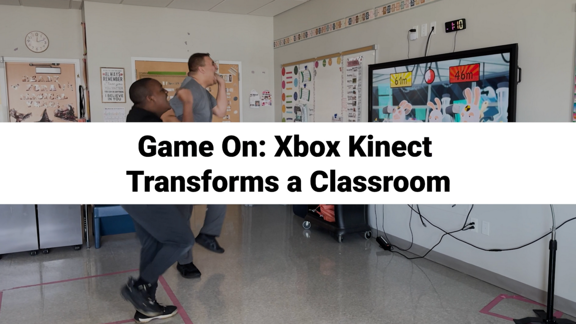 Two students playing the Xbox Kinect. Title overlays the image.