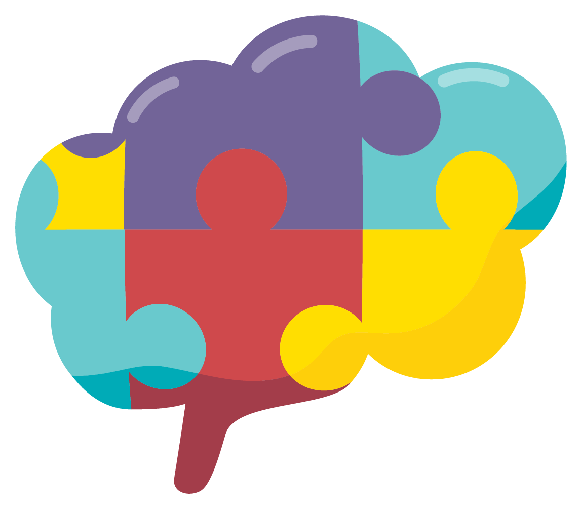 Drawing of a brain made with multi-colored puzzle pieces