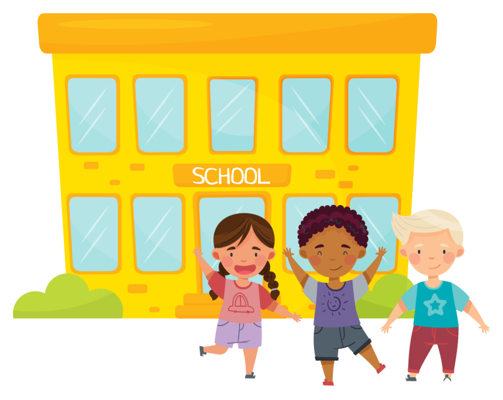 A drawing of a school with kids in front