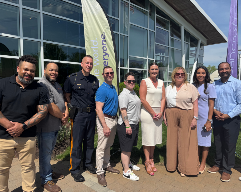 L-R Jamiel Owens (CHOP), Burlington County Commissioner Randy Brolo, Mount Laurel Police Chief Timothy Hudnall, Brian Hancock (Bancroft), April DiPietro (Camden County Partnership for Children), Kristina Swindle (Bancroft), Assemblywoman Carol Murphy, Mount Laurel Councilwoman Silvia Catalan-Culnan, Assemblyman Balvir Singh