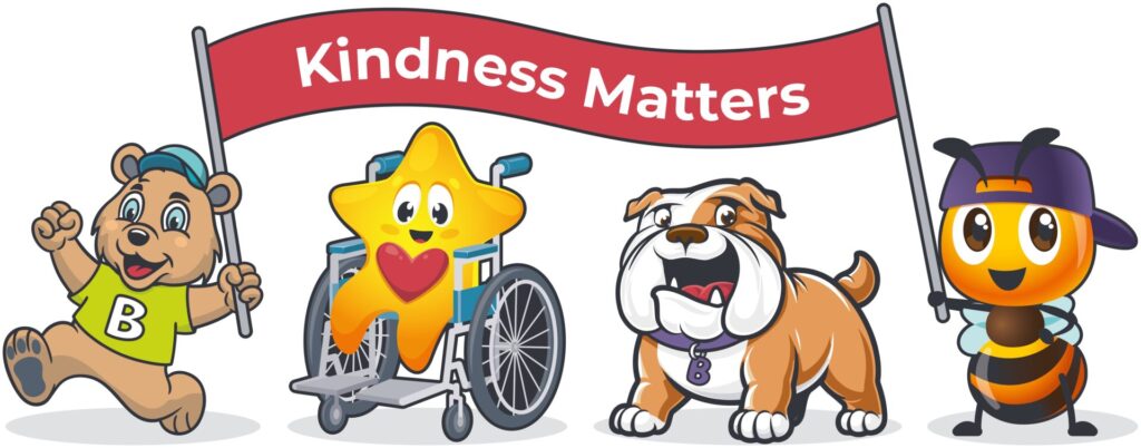 Image of all four mascots holding a sign that says Kindness Matters