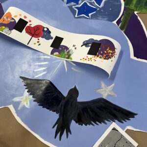 Closeup of mural elements being painted