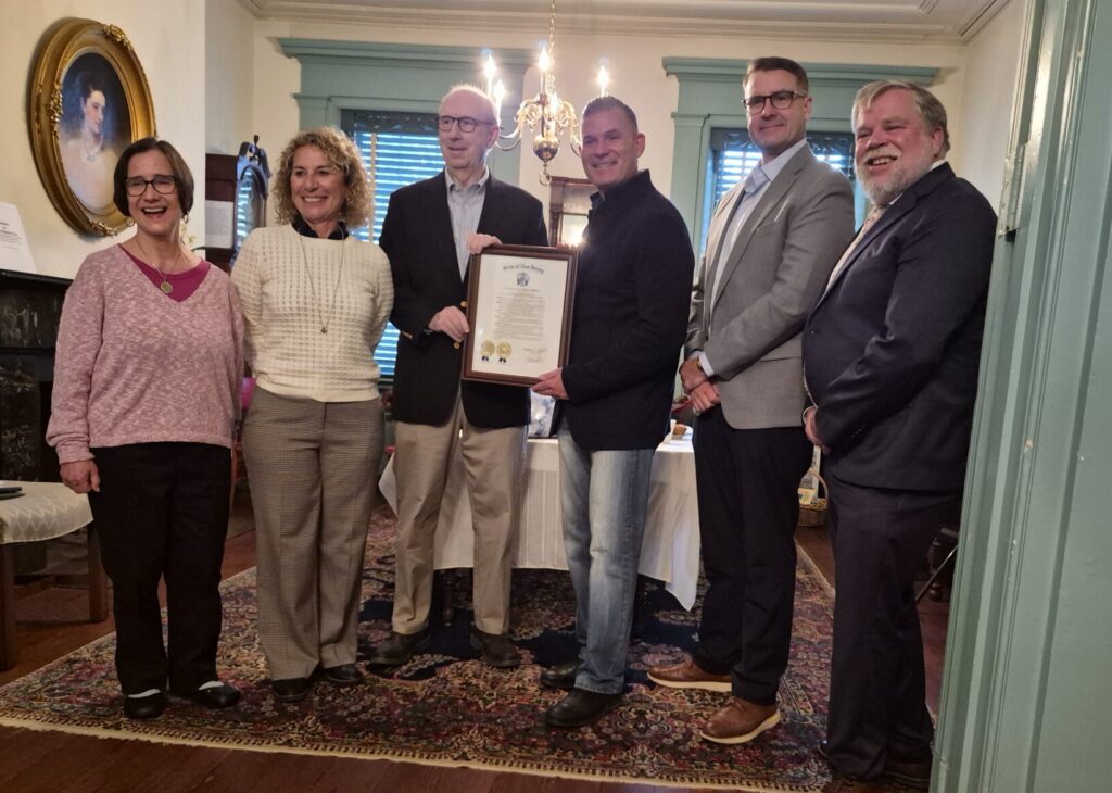 Assemblyman Lou Greenwald, Camden County Clerk Pam Lampitt, Haddonfield Mayor Dave Siedell and Sara Cureton, Executive Director of NJ Historical Society pose for a picture