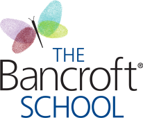 The Bancroft School logo; black and blue text with the purple, maroon, blue, green, and yellow butterfly logo