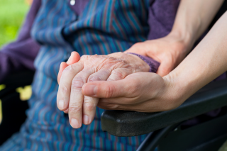 close-up photo of a person in a wheelchair's hand held by a paraprofessional's hand