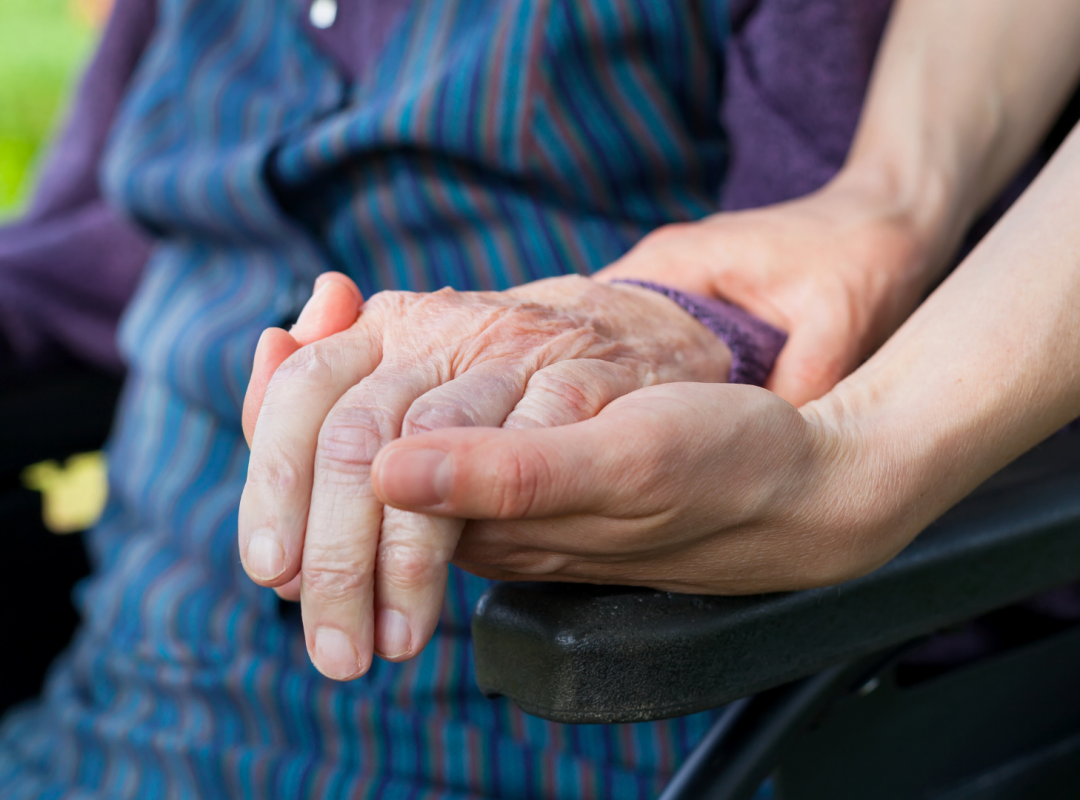 close-up photo of a person in a wheelchair's hand held by a paraprofessional's hand