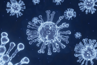 Blue coronavirus cells on a dark blue background
