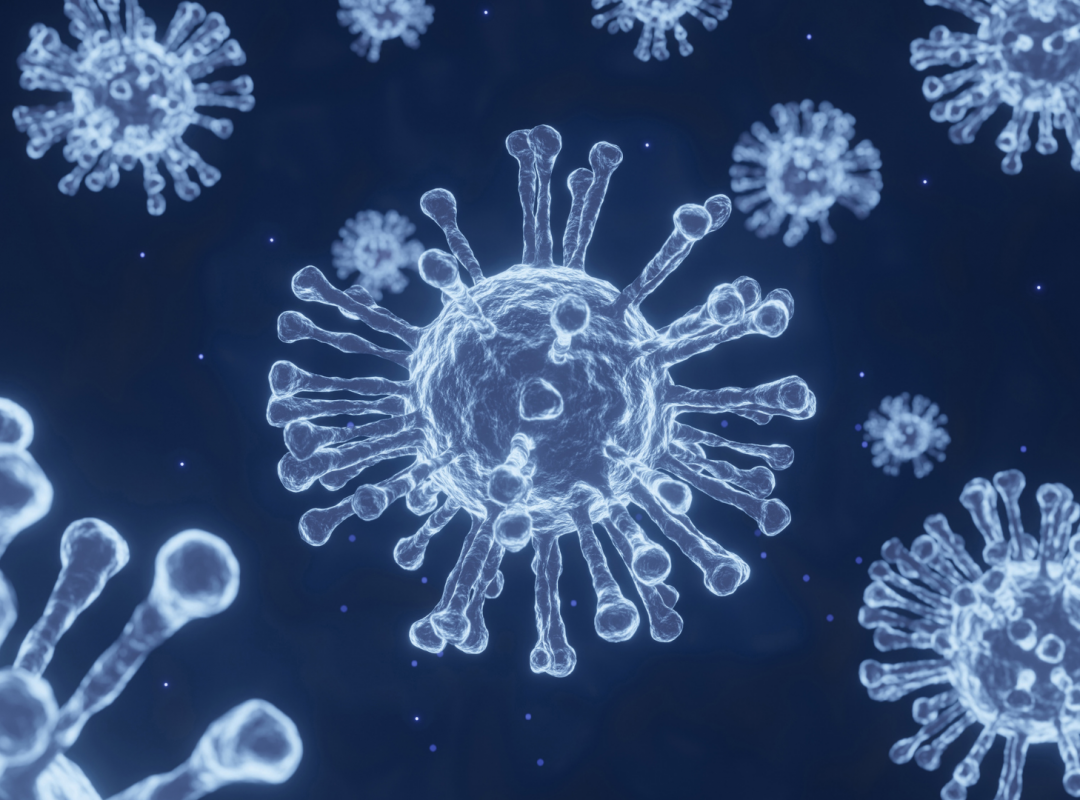 Blue coronavirus cells on a dark blue background