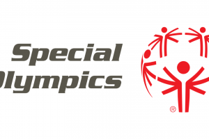 Special olympics logo; gray block text next to a circle of red stick figures