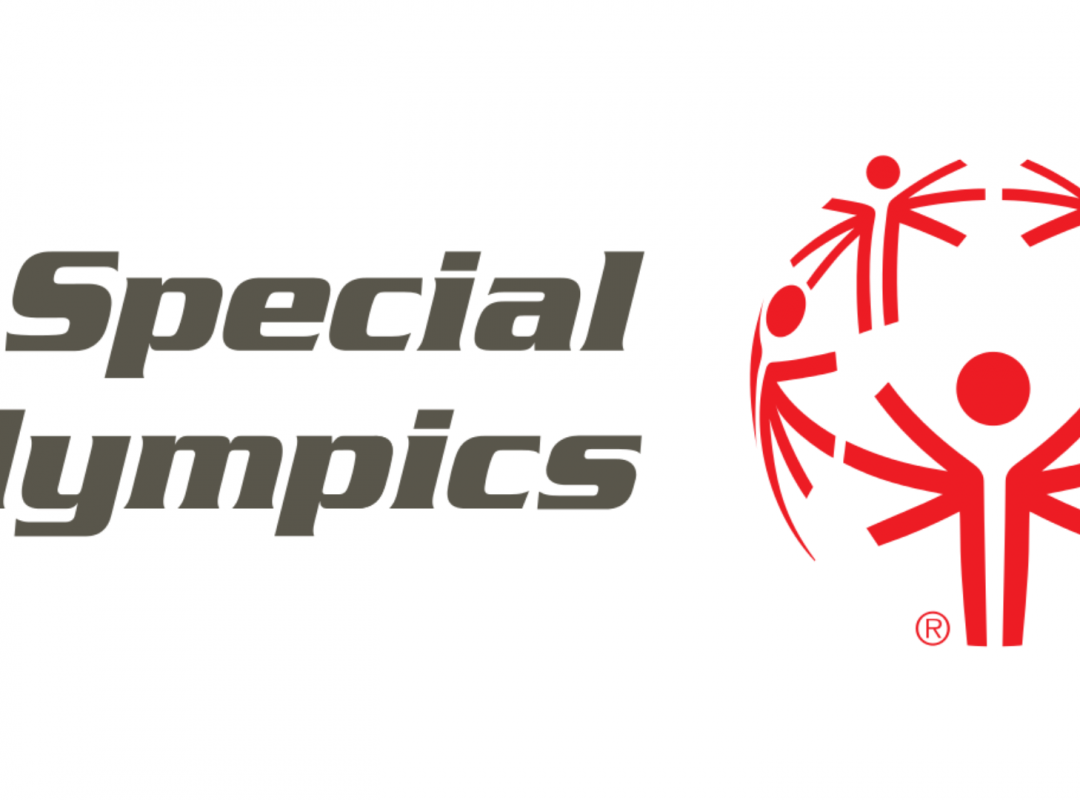 Special olympics logo; gray block text next to a circle of red stick figures