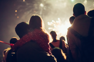 a group of people watching fireworks with their backs to the camera