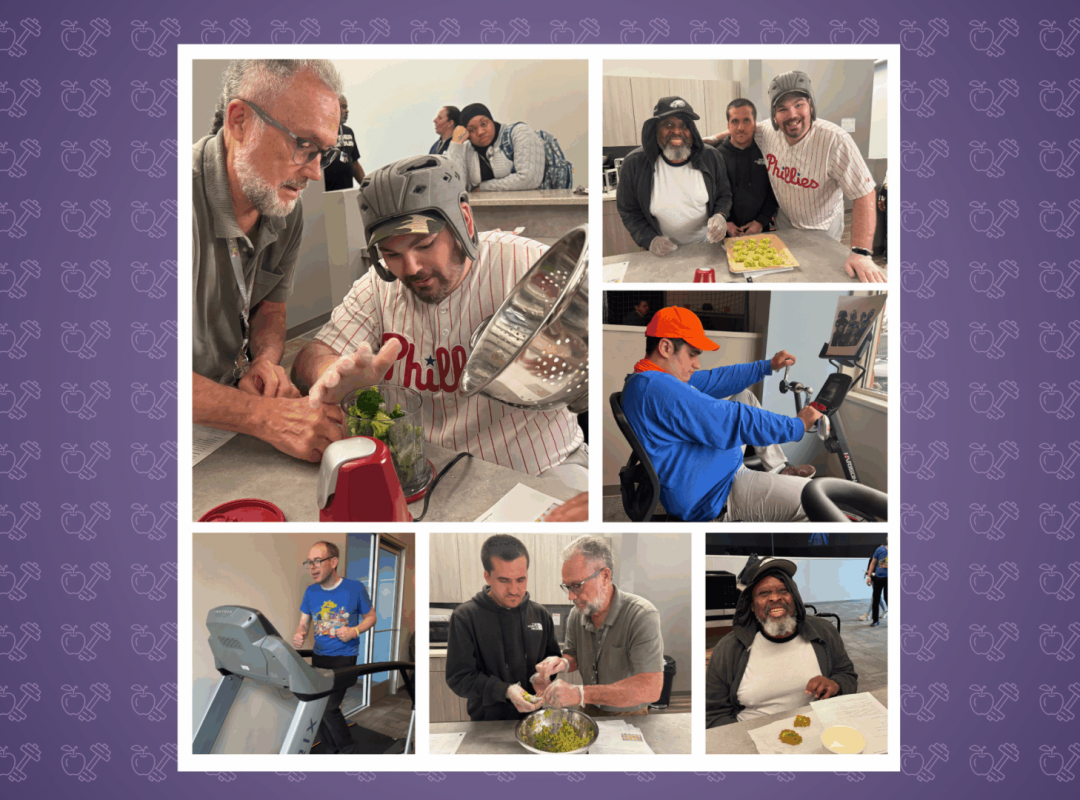 photo collage of participants in the program making a healthy snack and exercising