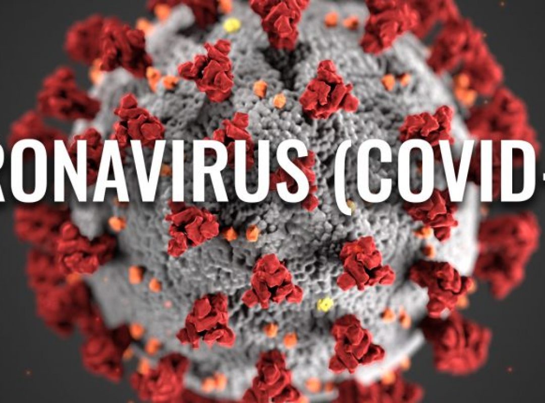 gray and red coronavirus cell with the words "Coronavirus (COVID-19)" in white block font