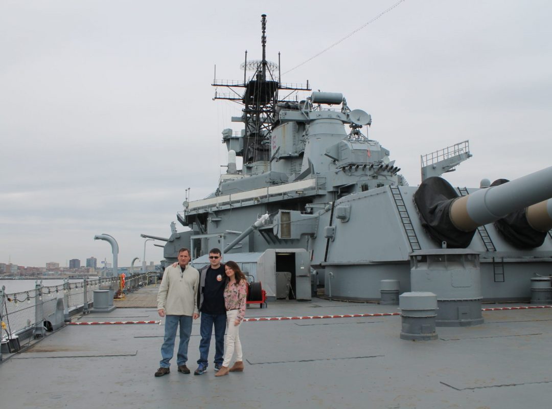 Hunter Hiros (center) with dad John and mom Jennifer Hiros on the USS Battleship New Jersey