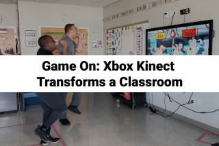 Two students playing the Xbox Kinect. Title overlays the image.