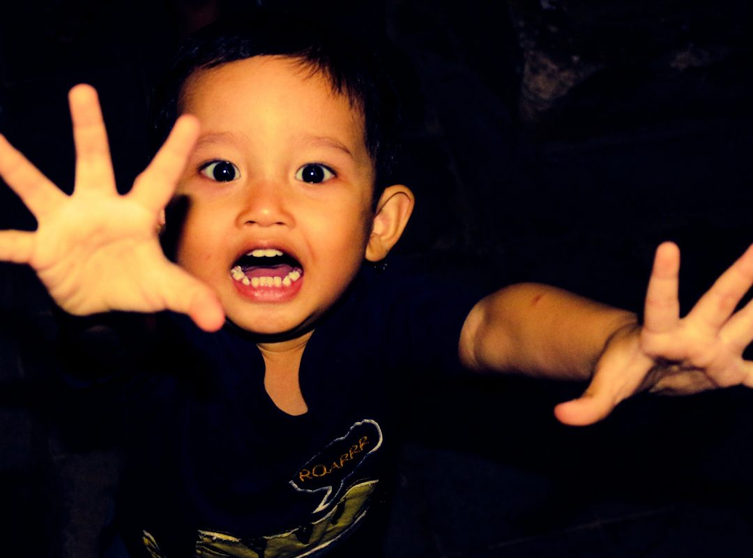 young boy sticks out his hands at the camera screaming