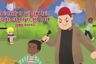 Boy with red baseball hat pulling a little girl's hair on the playground