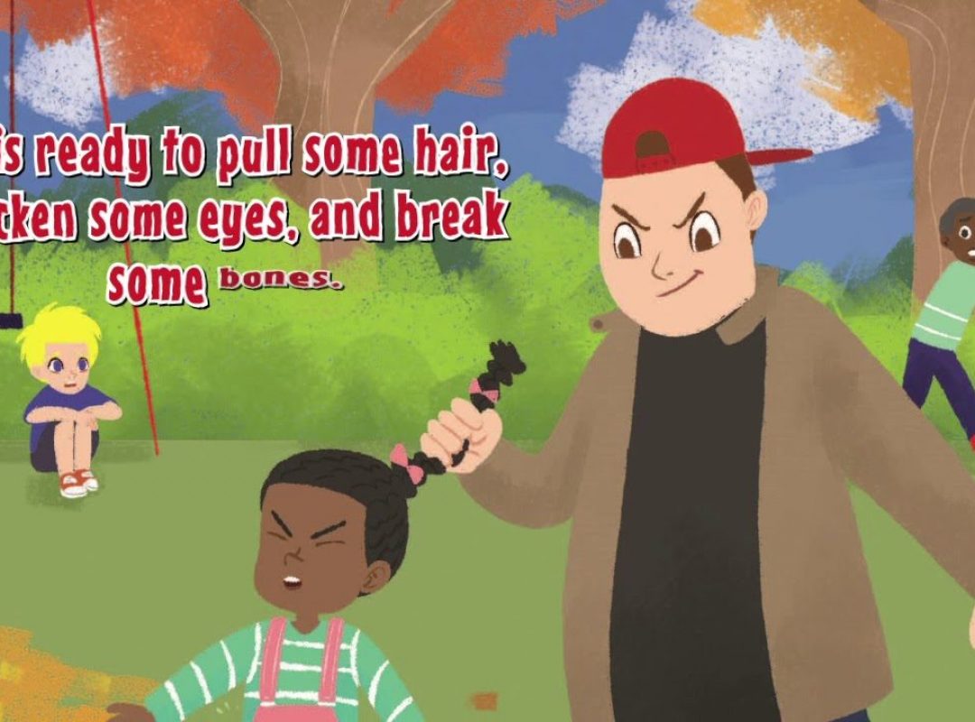 Boy with red baseball hat pulling a little girl's hair on the playground