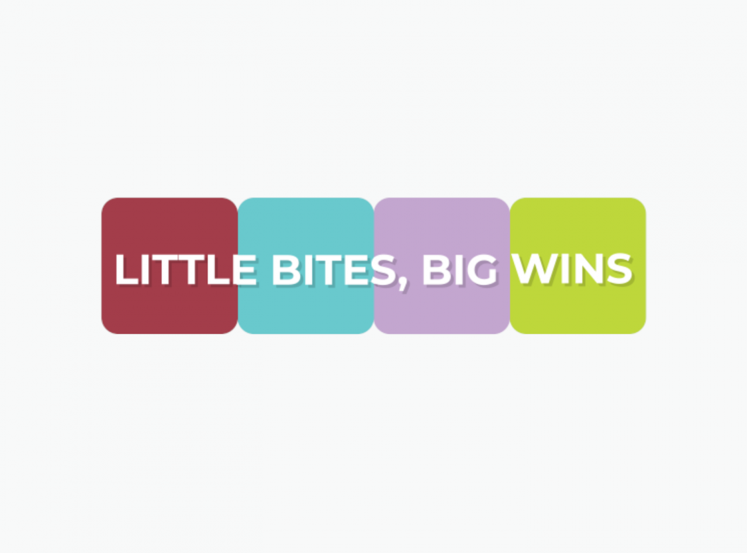 title, "Little Bites, Big Wins" with four colorful boxes behind it