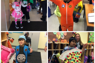 four children wearing their halloween costumes, a little girl as Hello Kitty, a little boy as Thomas the Tank Engine, a little girl as a space pilot, and a boy as a piece of pizza