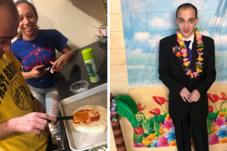 Two photos of Scott. On the left, he is cooking pizza with a paraprofessional. On the right he is standing in front of a beach background wearing a suit and a lei