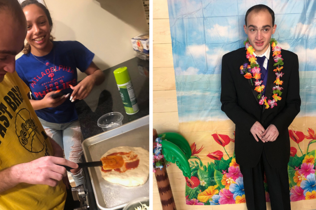 Two photos of Scott. On the left, he is cooking pizza with a paraprofessional. On the right he is standing in front of a beach background wearing a suit and a lei