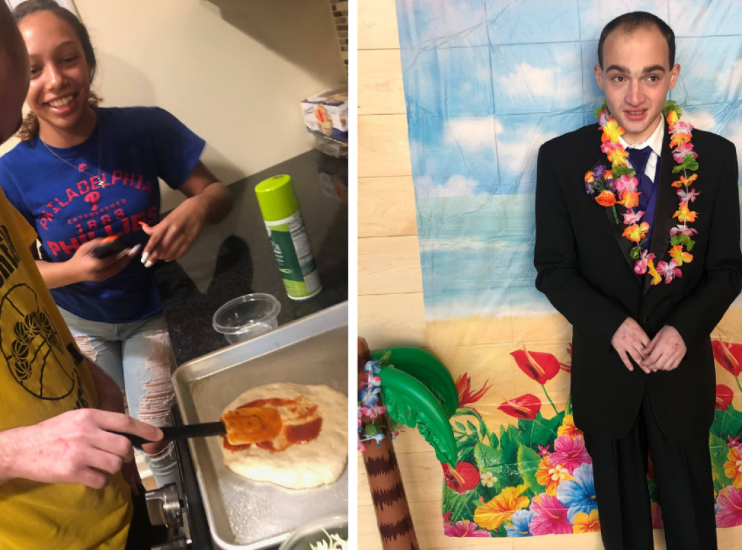 Two photos of Scott. On the left, he is cooking pizza with a paraprofessional. On the right he is standing in front of a beach background wearing a suit and a lei