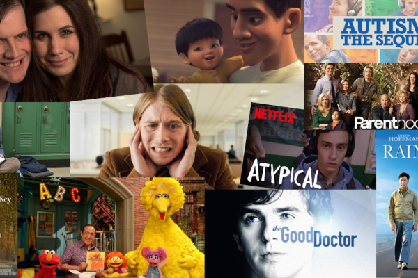 Picture of all of the media about Autism: Rain Man, How to Dance in Ohio, Float, The Story of Luke, In A Different Key, Atypical, The Good Doctor, Parenthood, Kodi Lee, and Sesame Street