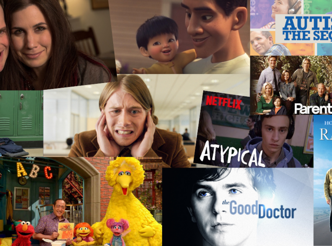 Picture of all of the media about Autism: Rain Man, How to Dance in Ohio, Float, The Story of Luke, In A Different Key, Atypical, The Good Doctor, Parenthood, Kodi Lee, and Sesame Street